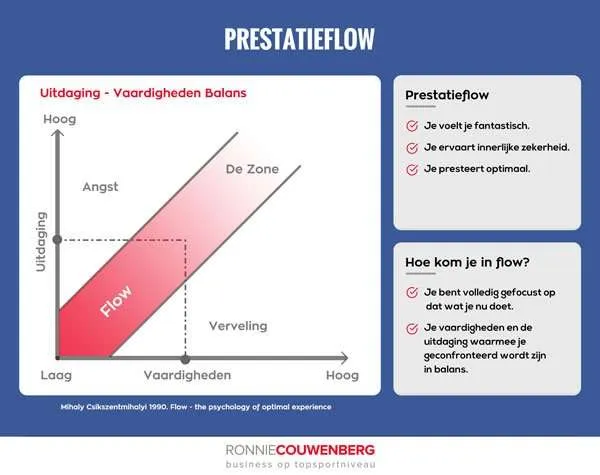 Praatplaat Prestatieflow met de Uitdaging-Vaardigheden Balans en zones van angst, verveling en flow.