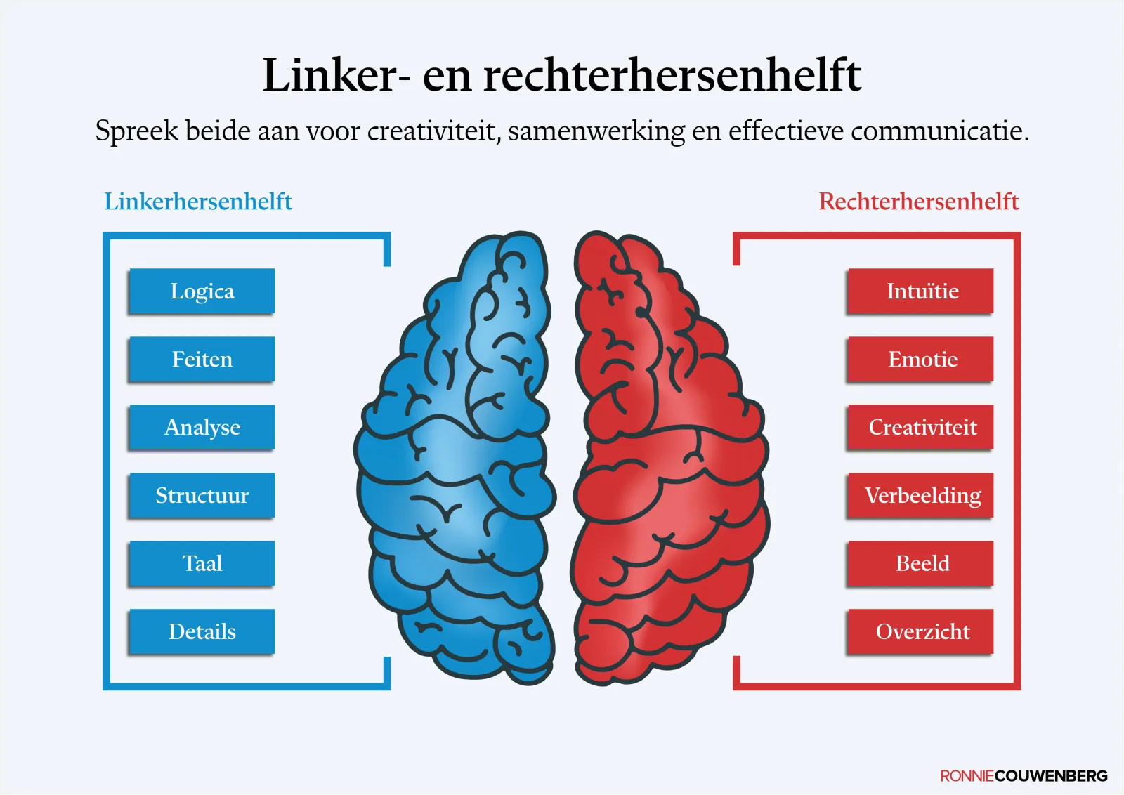 De praatplaat Linker- en rechterhersenhelft van Ronnie Couwenberg.